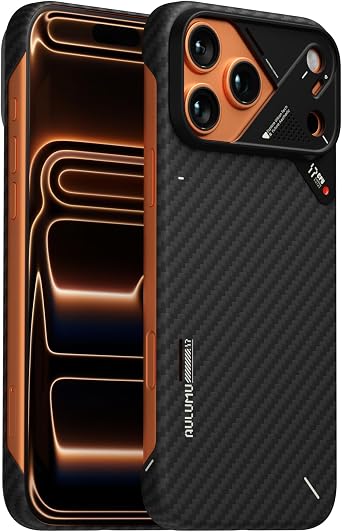 Aulumu A17 Aramid Fiber iPhone 17 Pro Max Case+A01 Carbon Fibre Case with Apple Watch Ultra Band 49MM,Includes (A17) Black + (A01) Orange