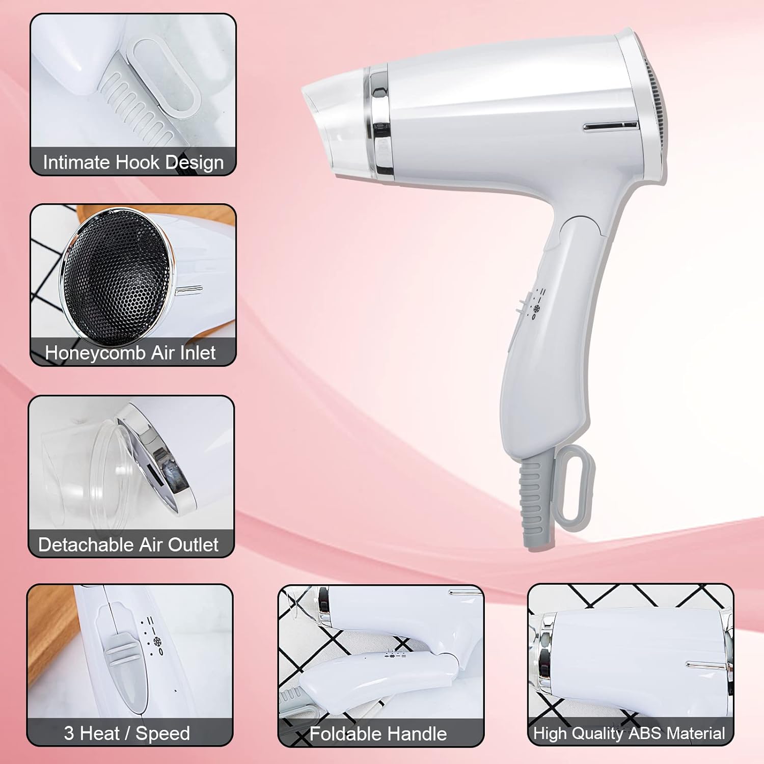 Travel Hair Dryer Folding Hair Blow Dryer Compact Travel Blow Dryer Portabel Small Hair Dryer Heat Settings Lightweight Mini 8x7inch Low Noise (White) - Image 3