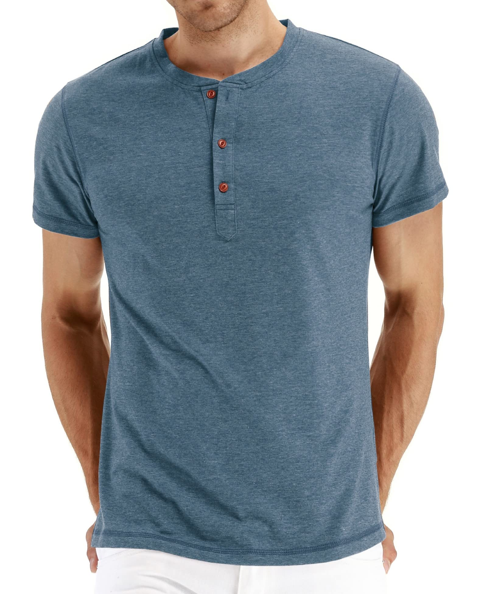 Hisir Tee Shirt Homme en Coton Henley T-Shirt Col Rond avec Manches Courtes et Longues Col Tunisien et Boutons pour Homme