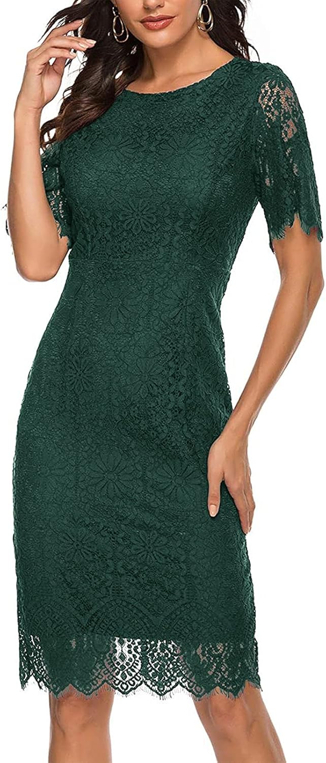 MEROKEETY Women's Short Sleeve Lace Floral Cocktail Dress Crew Neck Knee Length for Party - Image 3
