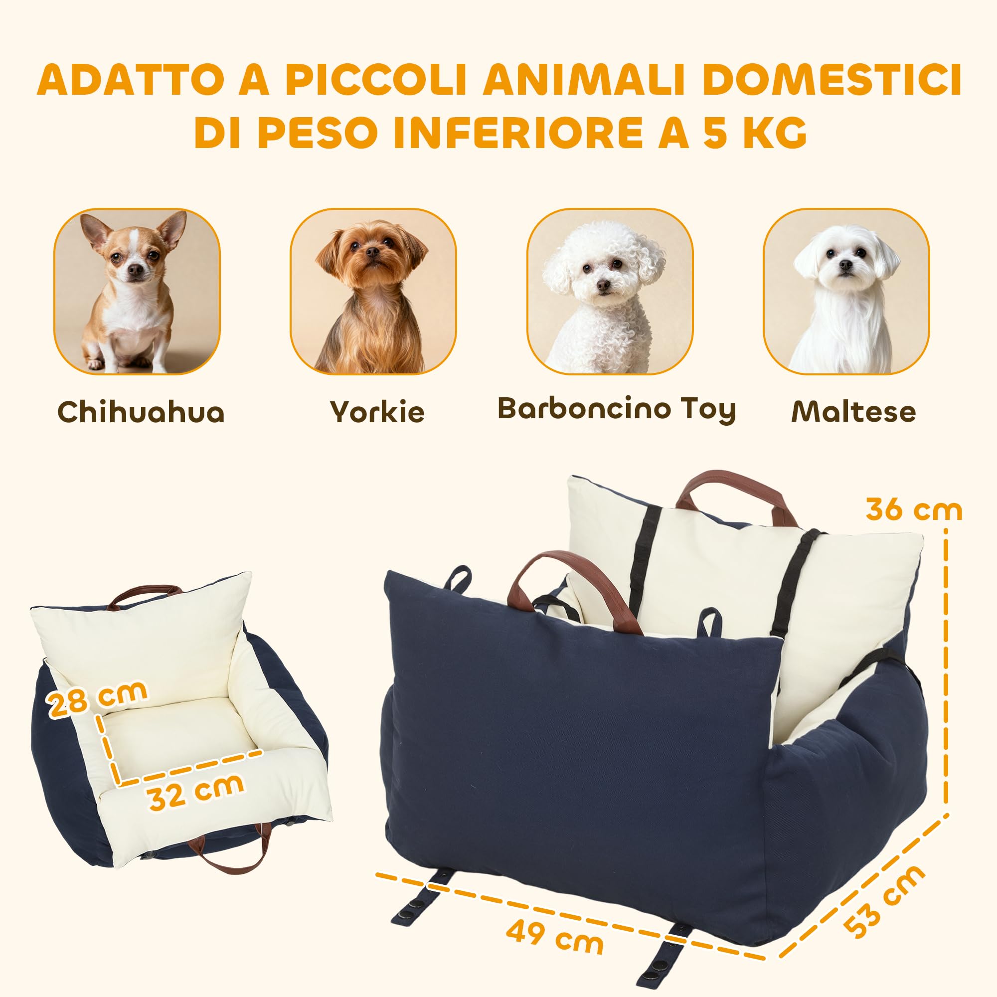 PawHut Seggiolino Auto per Cani Piccoli con Guinzaglio di Sicurezza, Lettino per Cani da Viaggio e Trasportino per Animali Domestici, Sfoderabile e Lavabile, Blu Navy