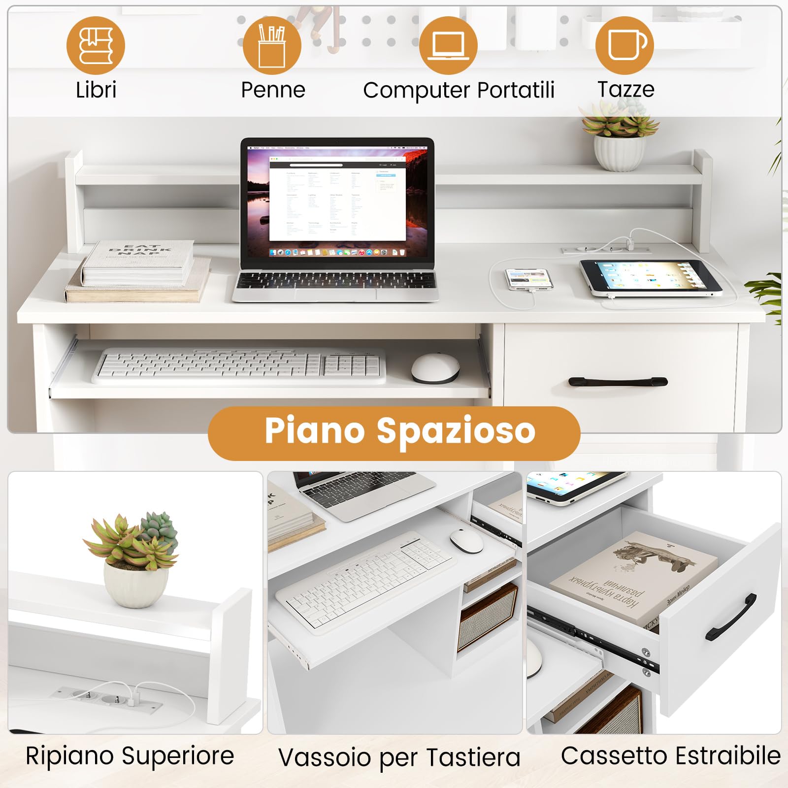 GYMAX Scrivania per Computer con Stazione di Ricarica, USB/Type-c, Tavolo da Studio PC, Ripiani e Cassetto, Foro per Gestione Cavi, Moderno per Camera da Letto, Soggiorno, 105 x 55 x 89 cm, Bianco