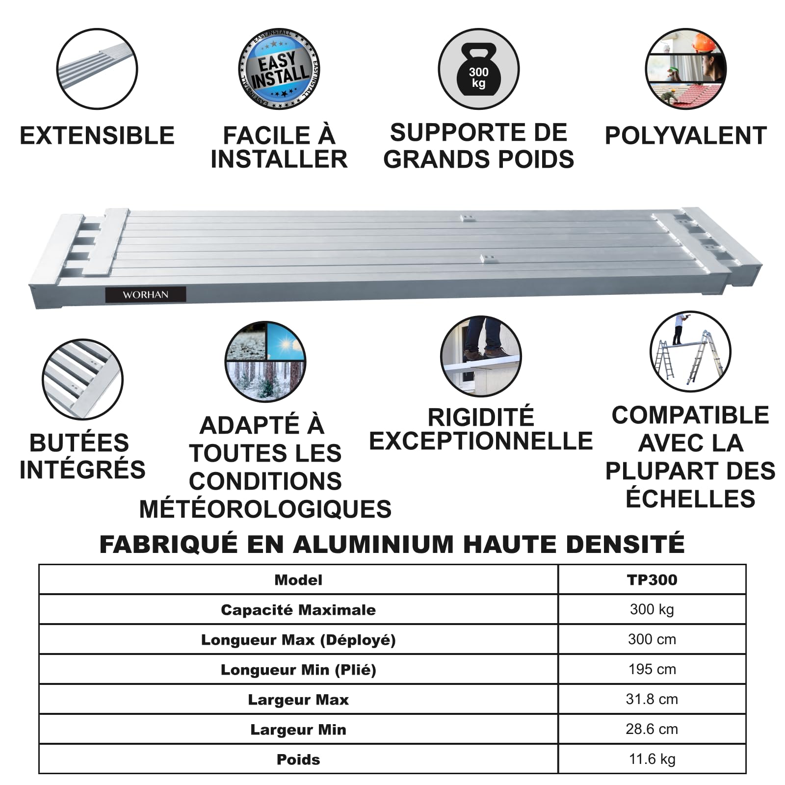 Plateforme Extensible de Travail Télescopique Planche Extra Robuste jusqu'à 300kg avec 2 Poignées Surface Gravée Antidérapante TP300