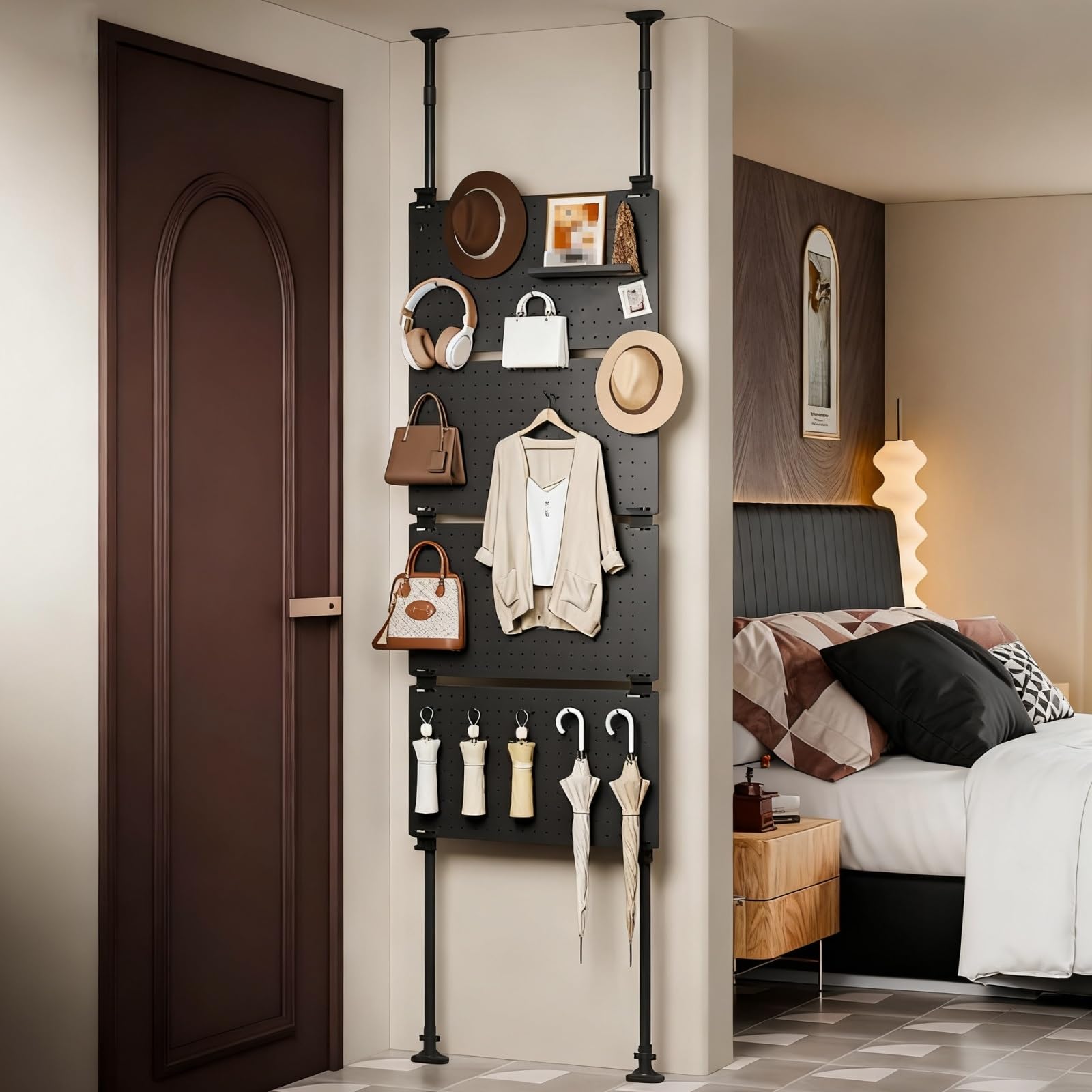 Adjustable Tall Narrow Bookshelf, Industrial Carbon Steel Book Rack with Tension Holder & 4 Panels, Black Standing Bathroom Storage Shelf (45cm)