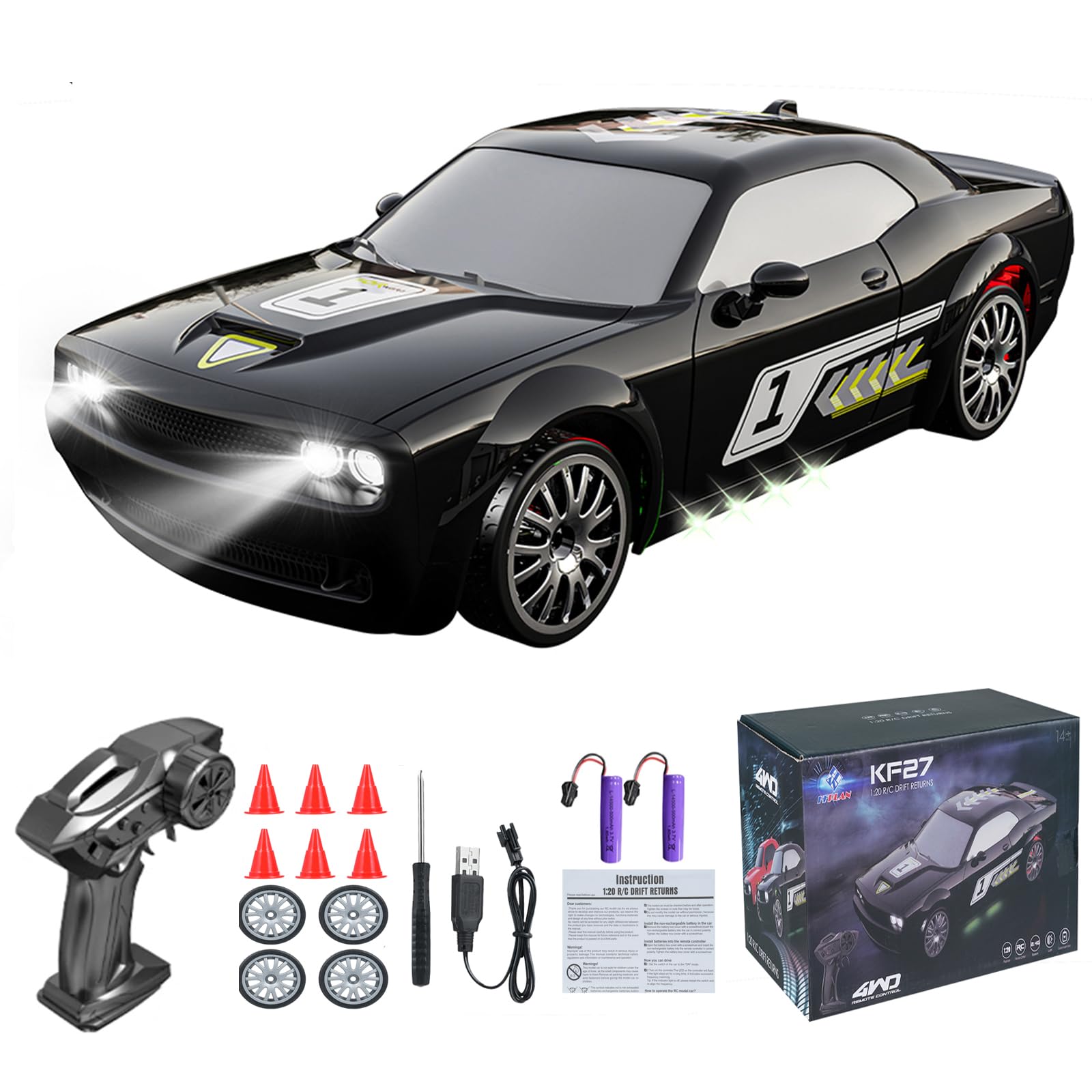 Dodoore KF27 RC Drift Car, 1/20 Remote Control Cars 2.4GHz Full Proportional 4WD Racing Vehicle with Cool Lights Replaceable Tires, Fast RC Car Gifts Toy for Teen Adults