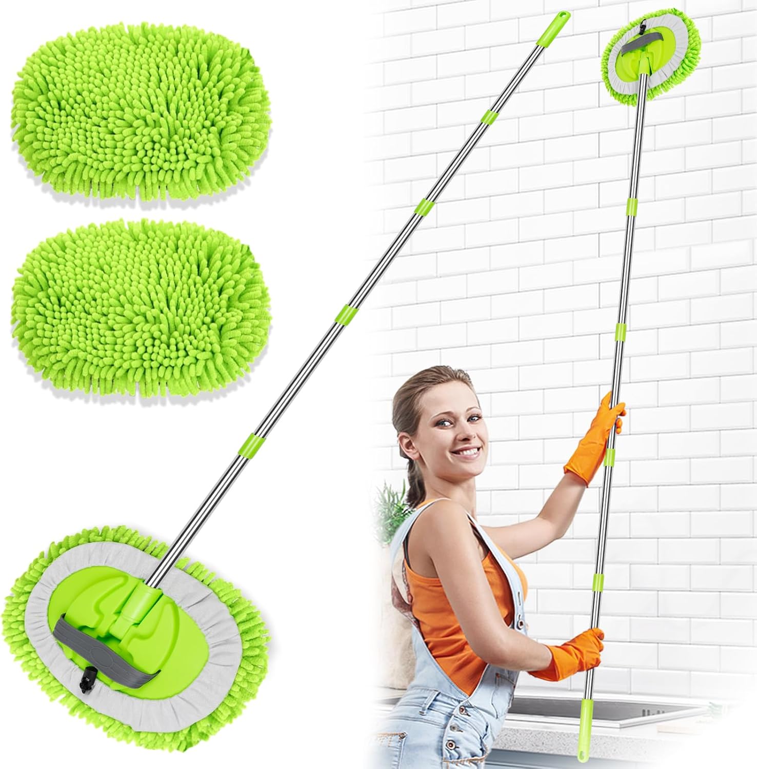 2 in 1 Lightweight Wall Cleaner Mop with Long Handle 75" 190cm Ceiling Duster Lint-Free Chenille Fiber Mop for Kitchen Baseboard Floor Glass Window Roof Cleaning Washer Scrubber Brush Tool Wet Dry Use