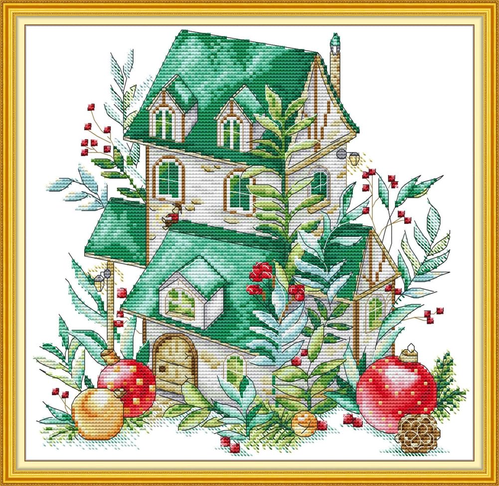 CaptainCrafts Cross Stitch Kits, Counted Cross Stitch Unpreprinted Fabric DIY Art Embroidery Kits Needlework Crafts (Unpreprinted 14CT, Emerald hut) โ image 1