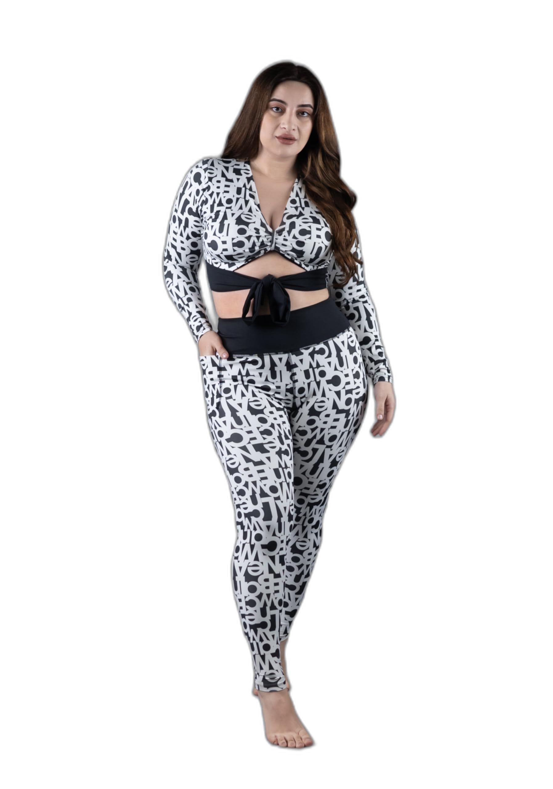 keepfit Full Sleeves Rashguard 2 Piece Padded Plus Size Swimset for Women (Black & White)-picture-30