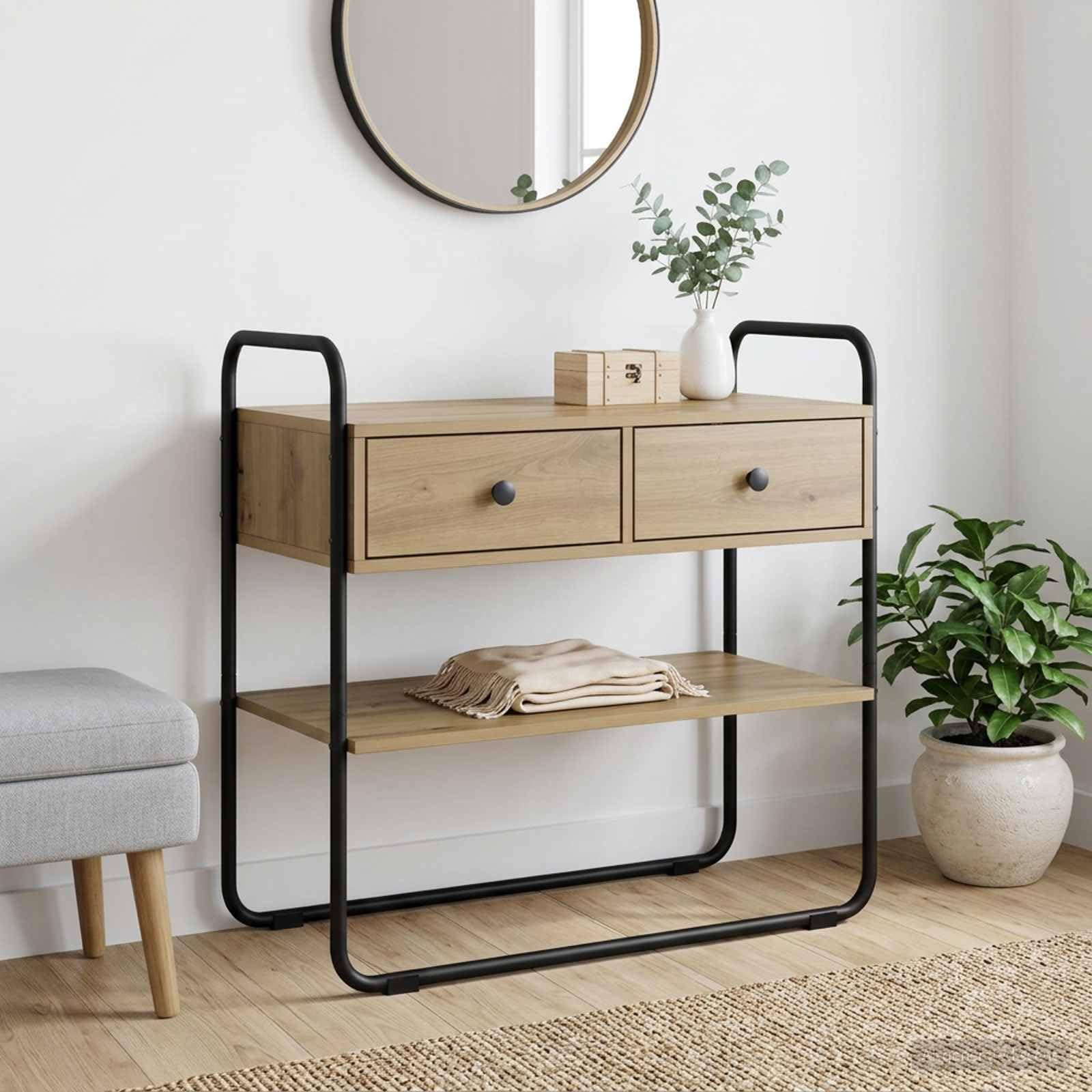 Tavolo consolle in rovere Artisan, 80 x 40 x 75 cm, in legno | Telaio in acciaio zincato, piedini in gomma, 2 ripiani, facile da montare per corridoio o soggiorno