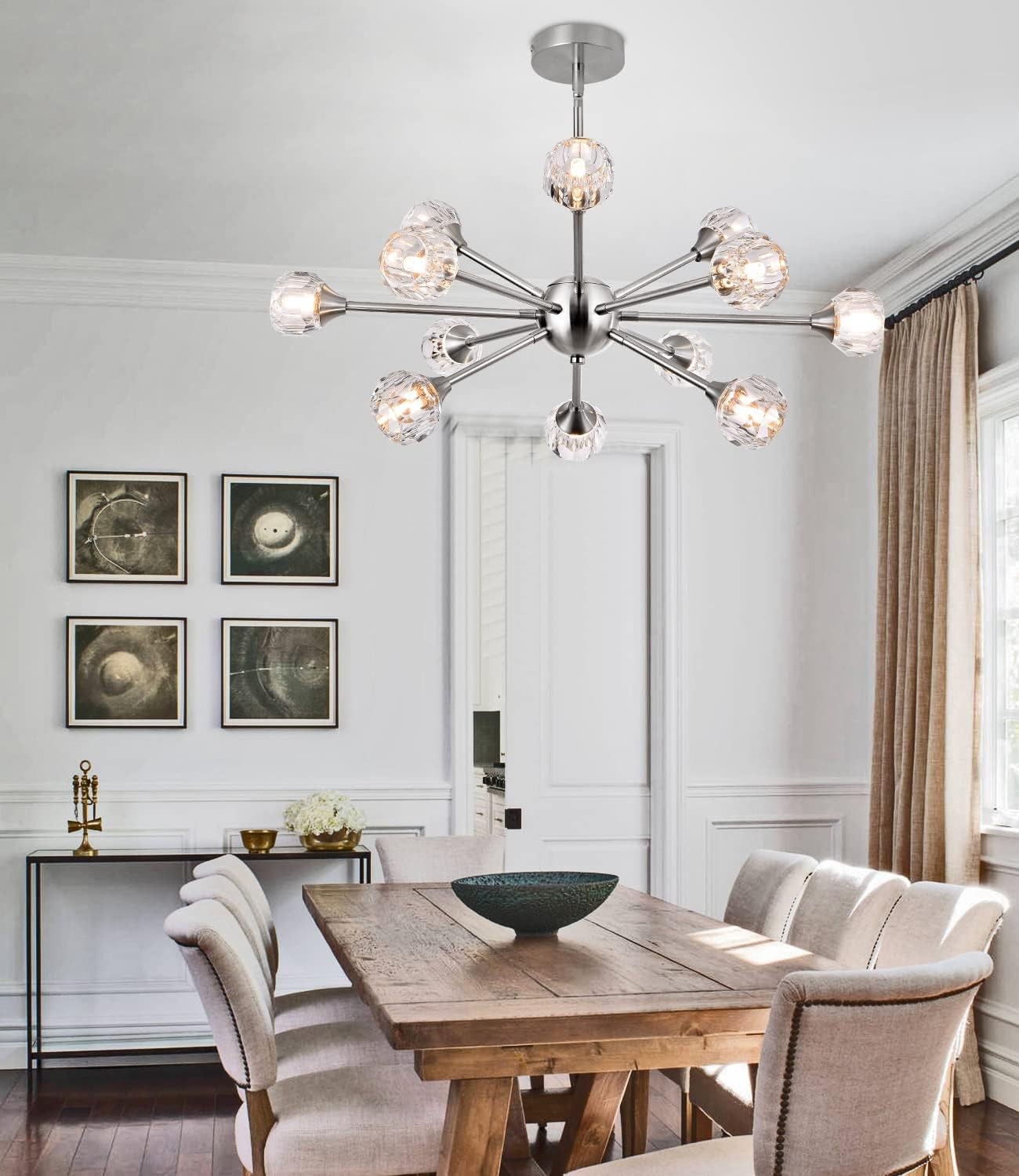 Modern Sputnik Crystal Chandelier, 12-Light Brushed Nickel Firework Chandelier, Mid Century Dandelion Pendant Light Fixture for Dining Room, Living Room, Bedroom, G9 Base (Bulbs Not Included)