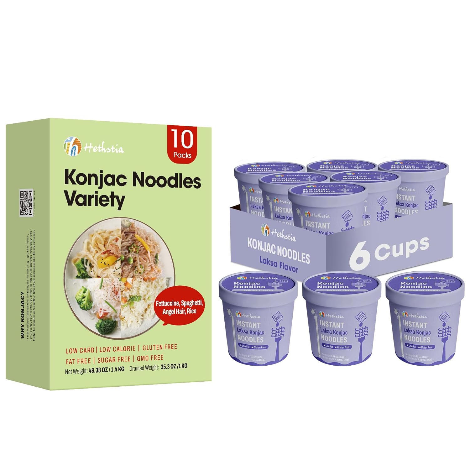 Hethstia Konjac Noodles Variety Pack – 16 Packs Shirataki Noodle with Fettuccine, Angel Hair, Spaghetti, and Rice, Pho, Keto, Vegan, Gluten-Free, Sugar-Free, Low Calorie, Low GI, Ready-to-Eat Healthy
