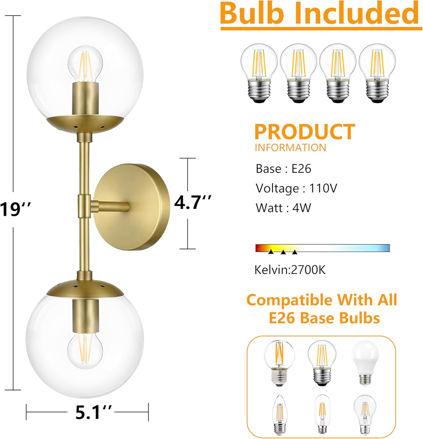 KoKo&Yukina 2 Pack Mid Century Modern Bathroom Vanity Light Brushed Gold Vanity Lighting Fixtures Modern Wall Sconce 2-Lights Globe Vanity Light with Clear Glass Shade for Bathroom(Bulb Incl)