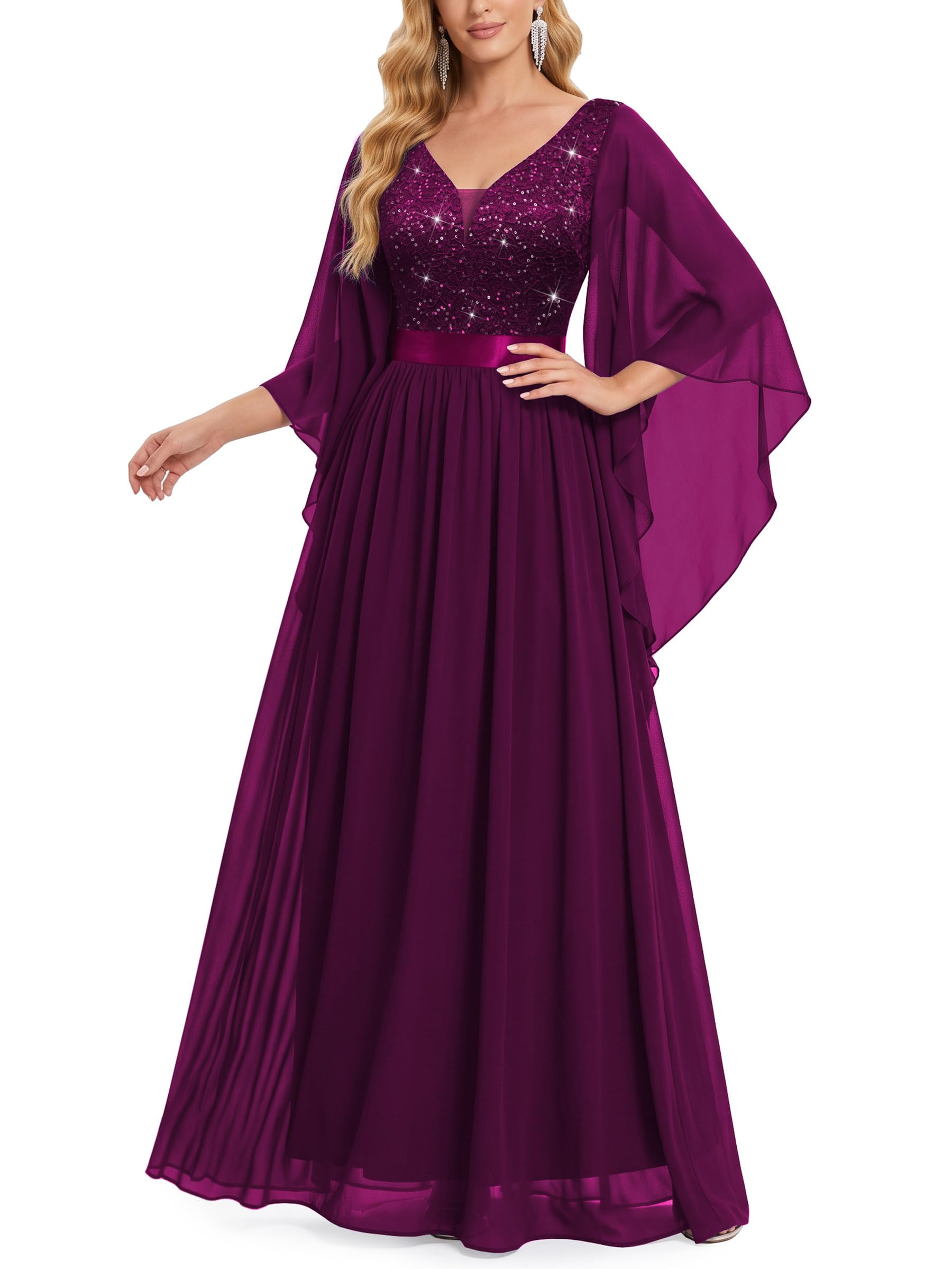 Miusol Women's Deep-V Neck Lace Contrast Sequin Formal Evening Maxi Dress