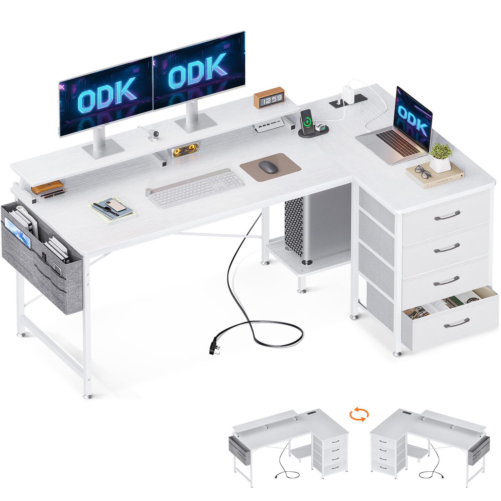 ODK Corner Desk with Drawers, L Shaped Computer Desk 160x80cm with USB Charging Port & Power Outlet, Home Office with Monitor Stand and PC Stand, Gaming Desks Workstations, White