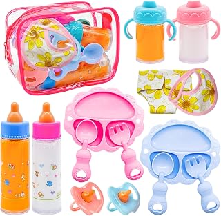 Jgalnim 15PCS Baby Doll Magic Bottle Feeding Set - Pretend Play Accessories with Bibs, Pacifiers, Bowls for Girls Kids Gifts