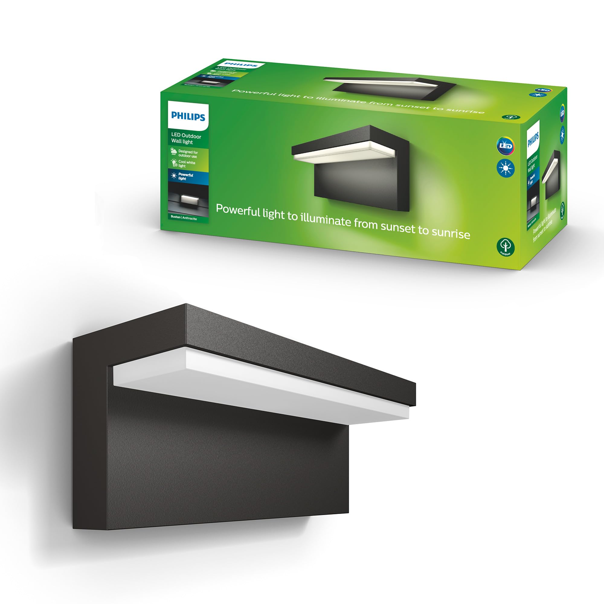 Philips Bustan Applique LED, Lampada da Esterno, 9 W, 1.000 lm, Luce Bianca Fredda 4.000 K, Resistente a Intemperie IP44, Intensità Regolabile, LED Integrato, Alluminio, Grigio Antracite