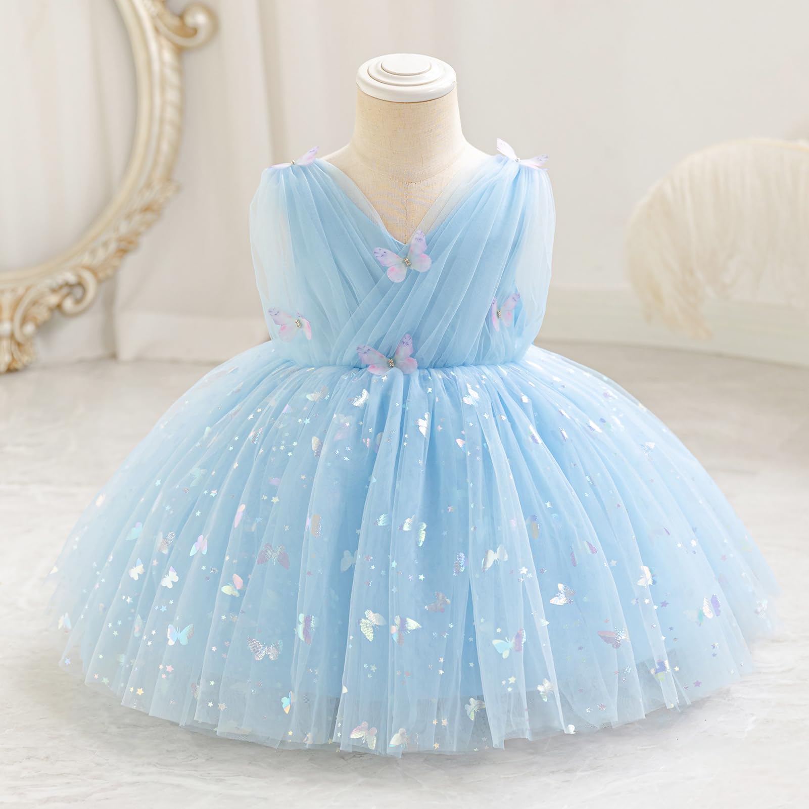 IDOPIP Bambino Ragazza senza Maniche V - Collo Tulle Tutu Abito Principessa Fiore Ragazza Abito Bow Elegante Compleanno Festeggiamento Formale Partito Prom Dress