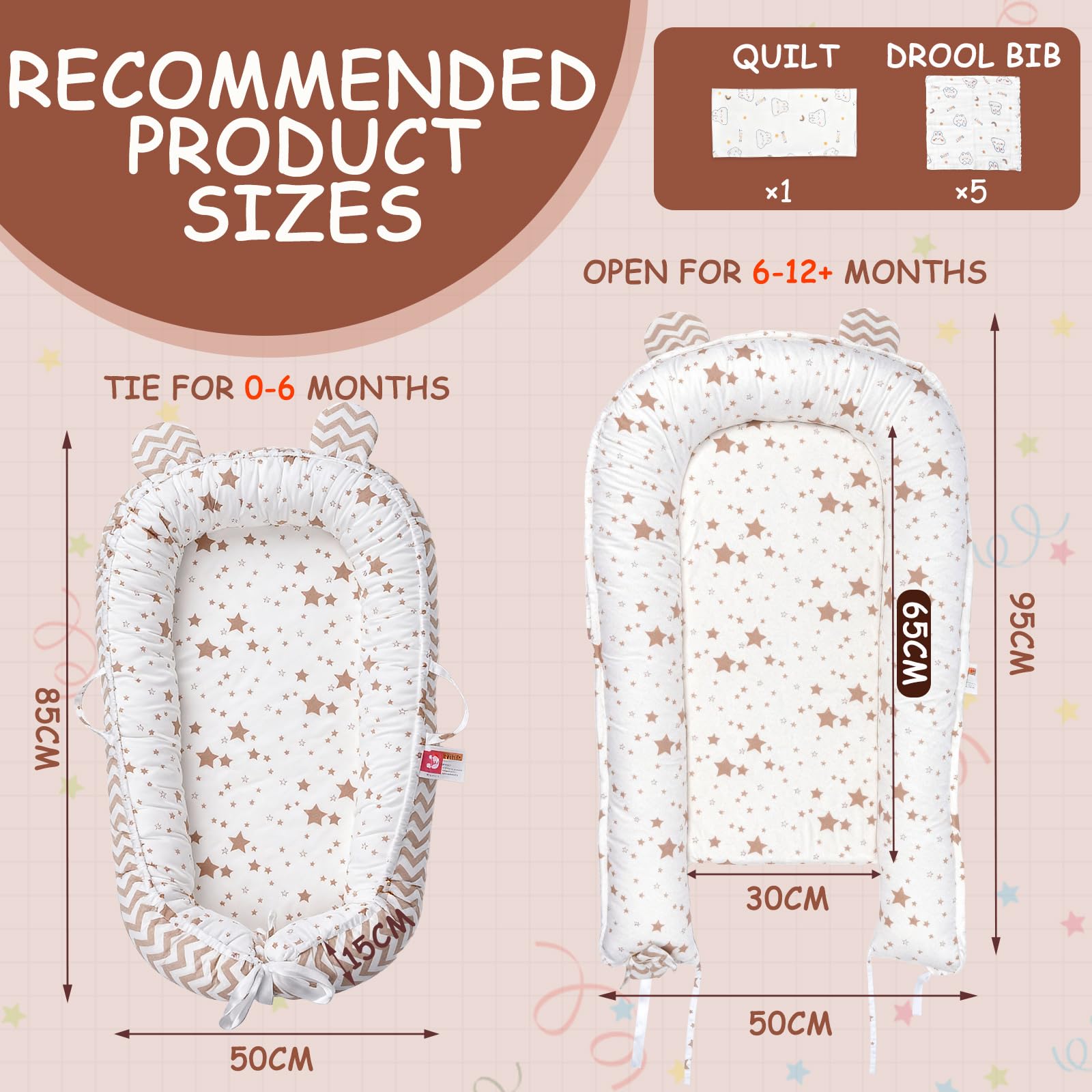 Huracan Baby Nest, set per neonati, paracolpi con coperta da 85 x 85 cm e 5 panni in mussola, 100% cotone traspirante, double face, rimovibile, sicuro e confortevole per 0-12 mesi, casa e fuori