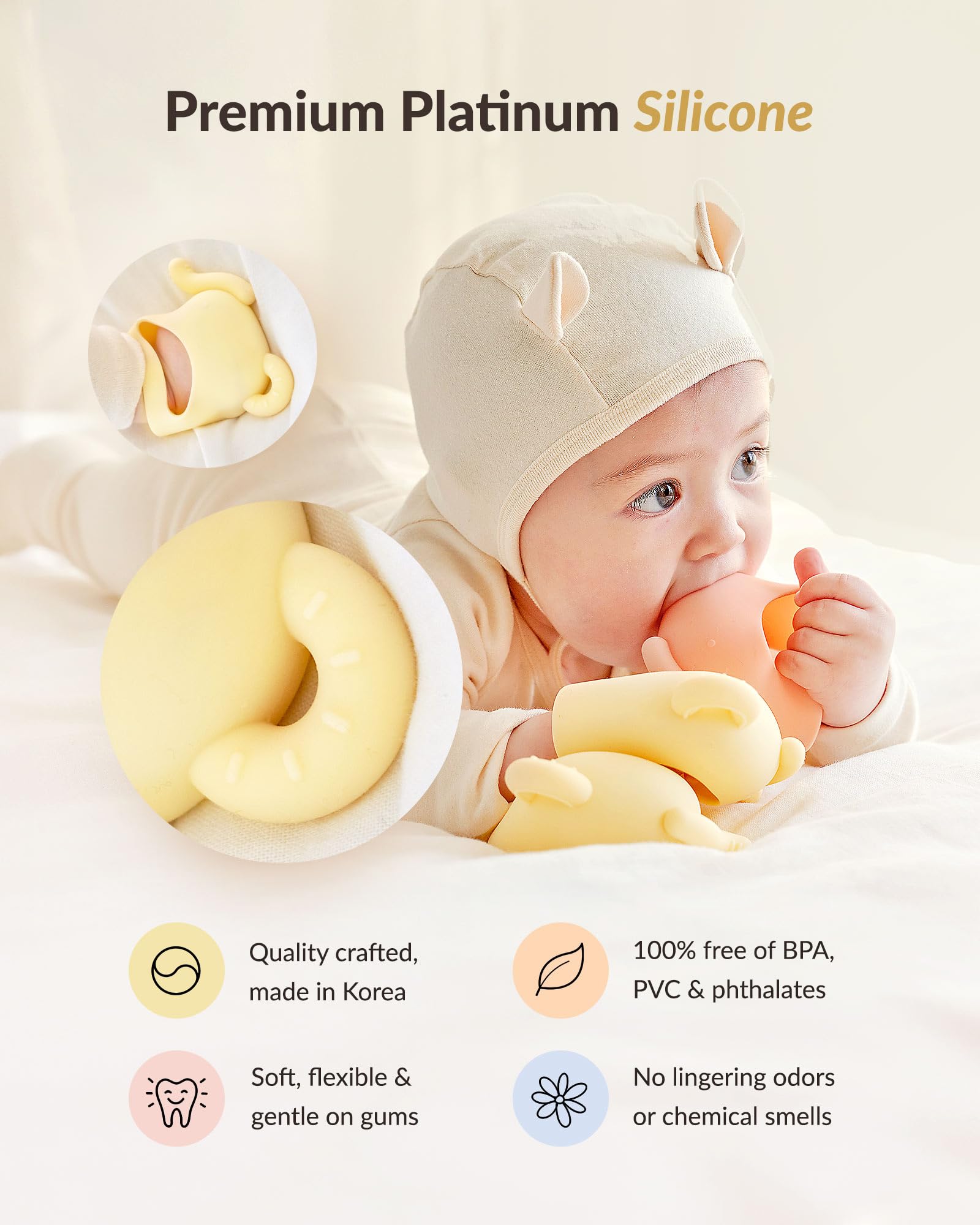 MOYUUM Mordedor de silicona con forma de elefante Moyuum | Hecho en Corea, alivia la dentición, es fácil de sujetar, resistente a caídas y con correa ajustable para la muñeca, para bebés de 3 meses o