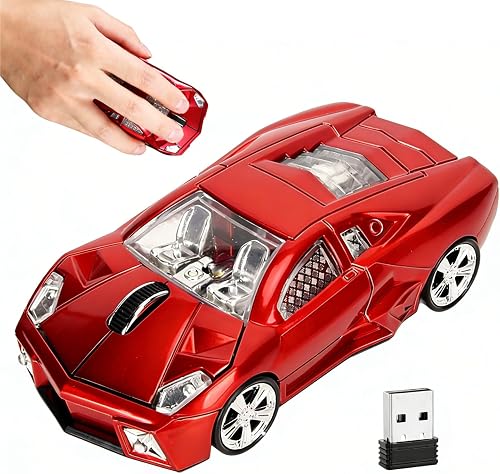 Ratón Inalámbrico Estilo Coche Deportivo Receptor USB de 2,4 GHz Ratón de Oficina con Luz LED de 1600DPI para Computadora de Escritorio Portátil con Diseño ABS Rojo y Modo