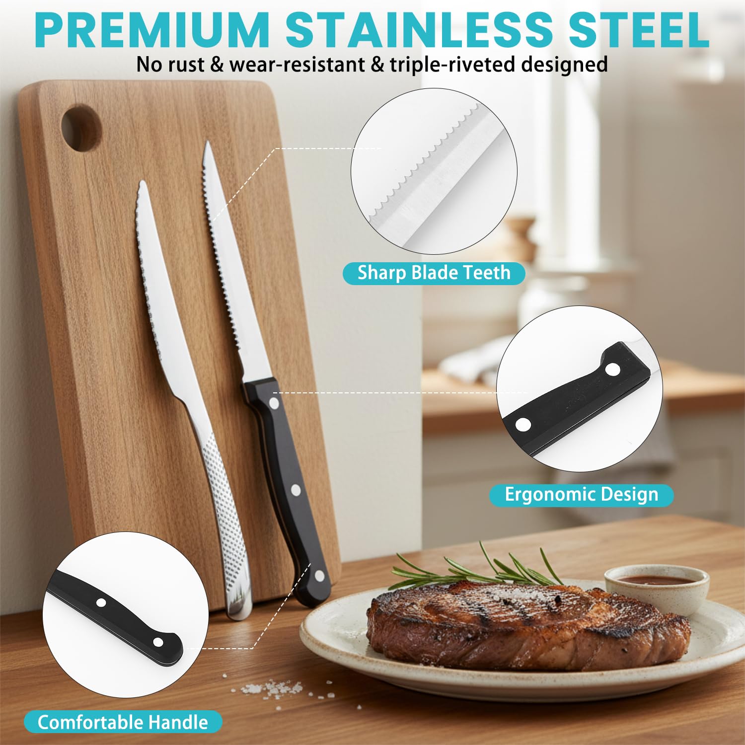 Set Posate Acciaio Inox 36 Pezzi per 6 Persone, 6 Forchette, 6 Forchette da Dolce, 6 Coltelli, 6 Cucchiai, 6 Cucchiaini e 6 Coltelli da Carne, Lavabile in Lavastoviglie