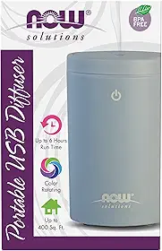 NOW Foods Óleos essenciais, difusor de óleo ultrassônico portátil USB para aromaterapia, extremamente silencioso e livre de calor, difusor adequado para viagens