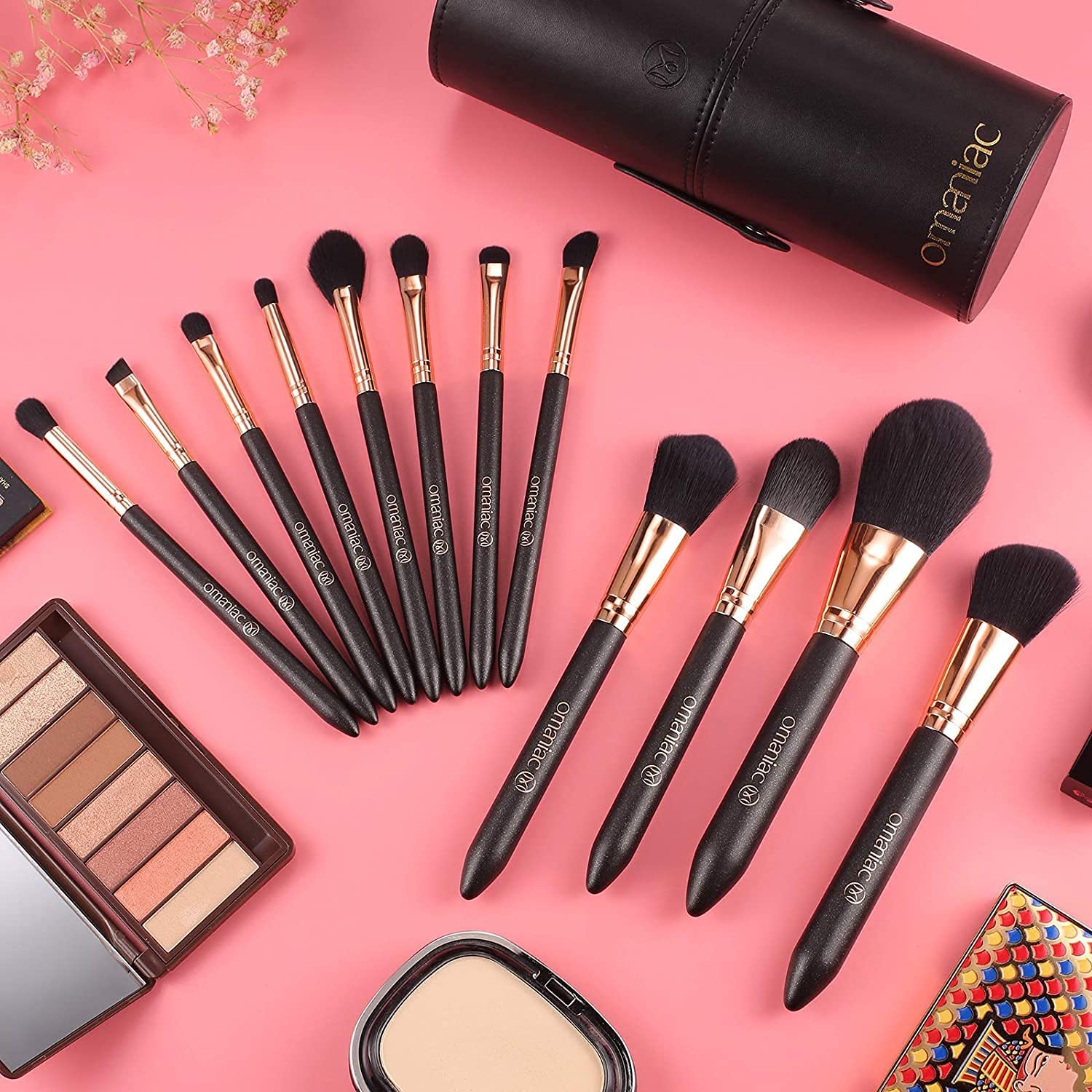 OMANIAC Juego de 12 brochas de maquillaje, de alta calidad, hechas de fibras sintéticas duraderas, brochas de maquillaje profesionales para el día a día o de viaje (negro)