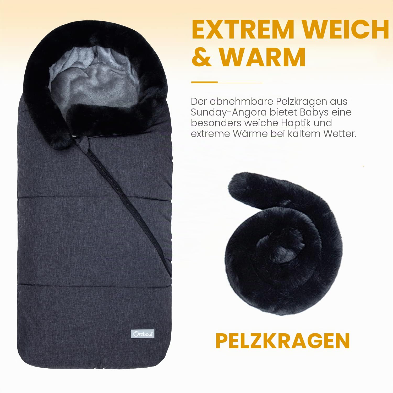Orzbow Universelle Fußsack Kinderwagen Winter, Einstellbare Fußsack Buggy mit Zwei-Wege-Reißverschluss, Warm Fusssack Baby mit Pelzkragen, Waschbar, Abnehmbar, Dunkelgrau
