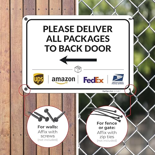 Vista 97 de Cartel de entrega del paquete, letrero de instrucciones de entrega, 10 x 7 pulgadas, aluminio 040 libre de óxido, resistente a la decoloración