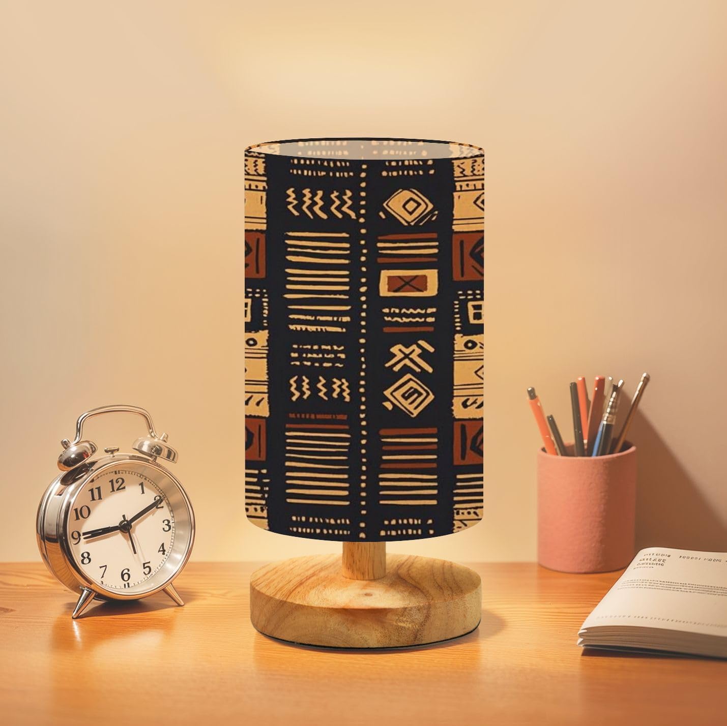 Bedside Table Lamp African Seamless Traditional mud Cloth bogolan Geometric Dimmable Desk Lamp with Flaxen Fabric Shade Wood Base Nightstand Small Lamp for Bedroom Living Room Home