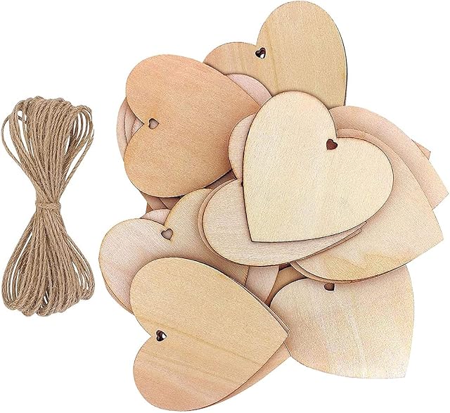 MingZhuInC Wooden Hearts, 10Pcs Heart-Shaped Wood Decoration with Natural Twine for DIY Crafting, Personalised Gift, Wedding Decor