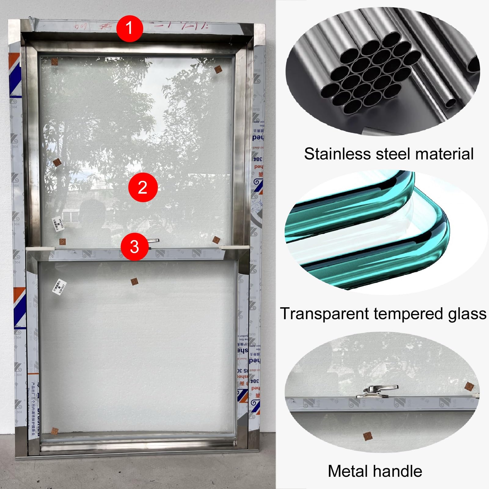 Fenêtres encastrées en acier inoxydable avec verre trempé, isolation acoustique à levage vertical pour restaurant et service de camion de restauration