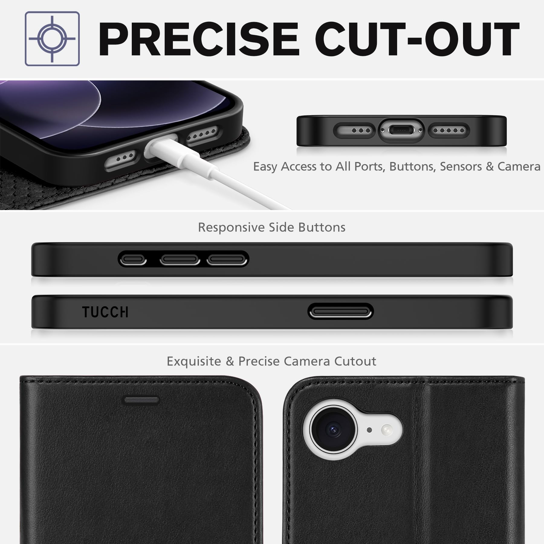 TUCCH Custodia per iPhone 17e, Cover Portafoglio per iPhone 16e [RFID Blocking] Custodia Pelle Sintetica TPU Antiurto, Supporto Slot Schede Protezione Integrale per iPhone 17e/16e 5G (6,1") - Nero