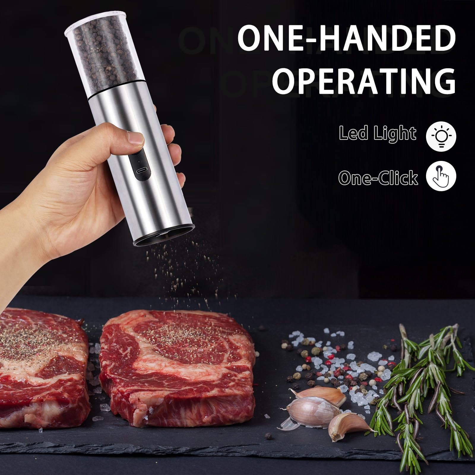 Enutogo Ensemble moulin à poivre et sel électrique rechargeable par USB, moulin automatique avec grossier réglable, fonctionnement à une main avec lumière LED, acier inoxydable (ensemble/argent)