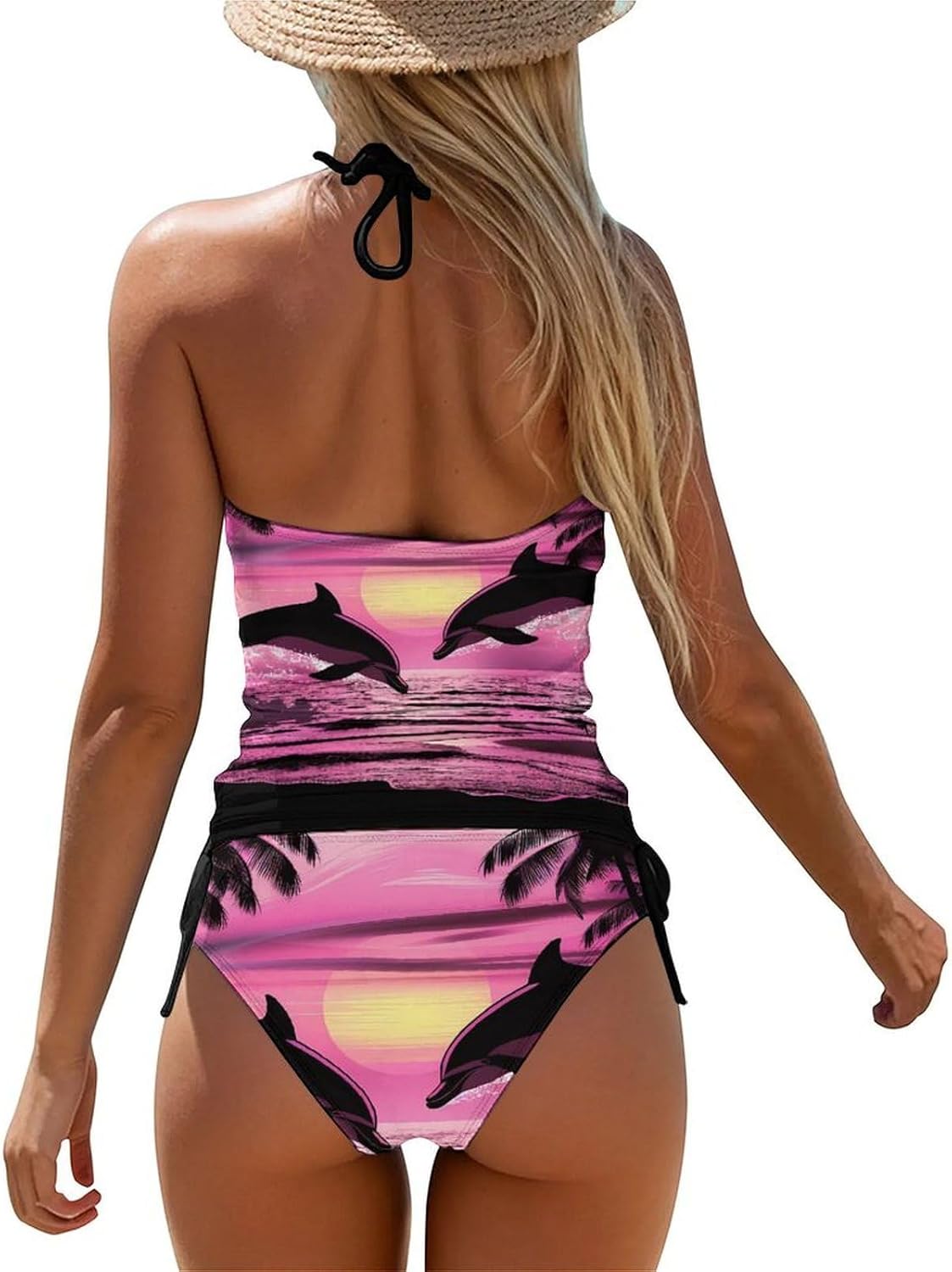 Two Dolphins Sunset Palms Women's Tankini Swimsuit Two Piece Tummy Control Bathing Suits Tie String Swimwear