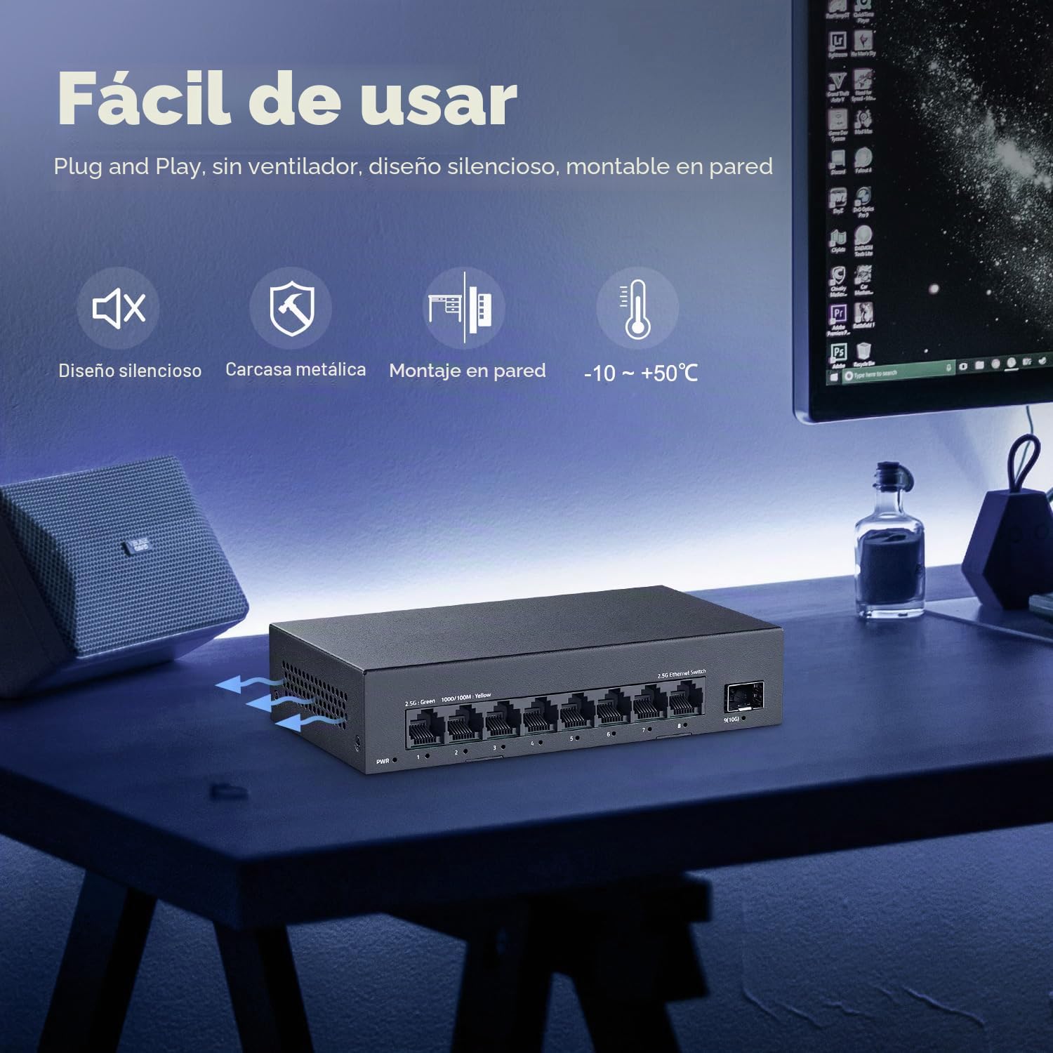 Switch de 8 puertos 2.5G, 8 puertos 2.5GBASE-T con 10G SFP+, capacidad de conmutación de 60 Gbps, switch de red no administrado YuLinca Plug & Play sin ventilador