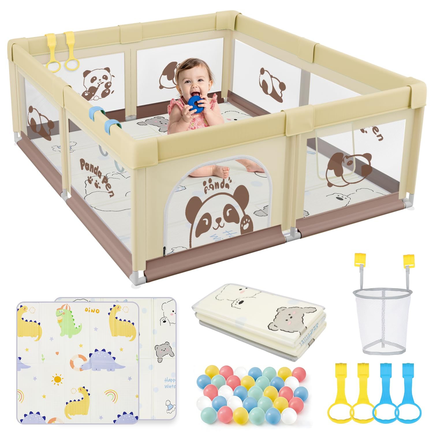 Box per bambini con tappetino da gioco, box per bambini e bambini con materasso, parco giochi stabile e sicuro (beige panda 120 x 120 cm)