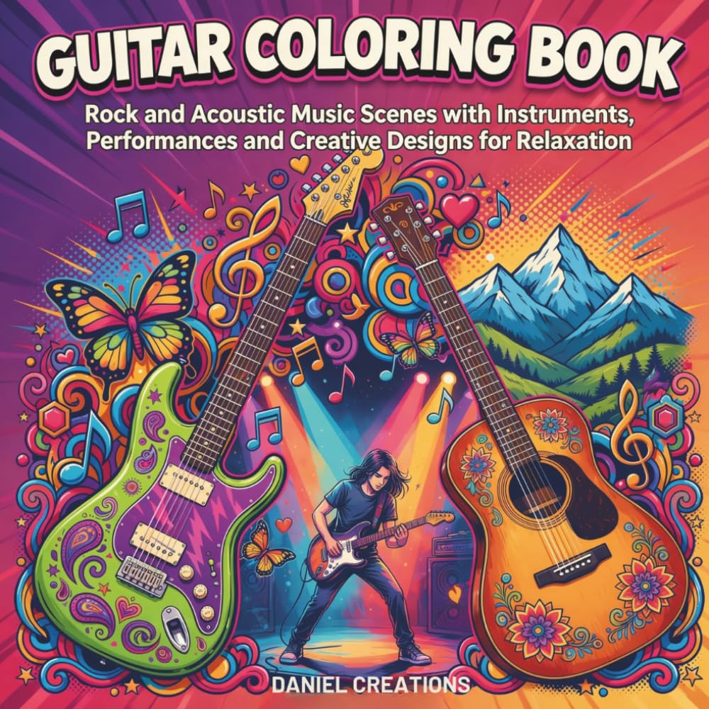 Guitar Coloring Book for Teens: Rock and Acoustic Music Scenes with Instruments, Performances and Creative Designs for Relaxation