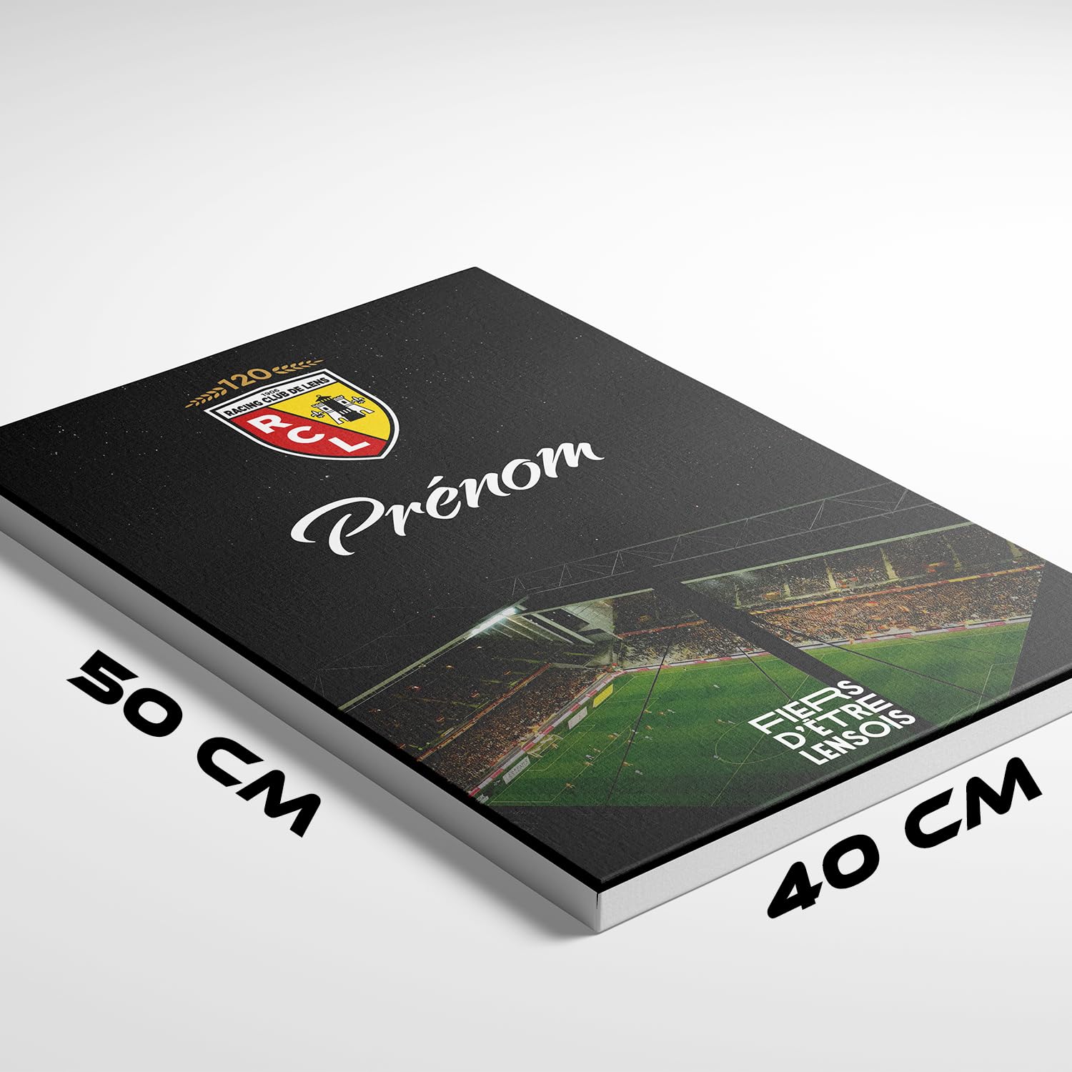 OneTrophy Toile Officielle RC Lens – Personnalisable avec Prénom ou Texte Libre – Décoration Murale Supporter Bollaert – Made in France – Cadeau supporter Lensois (Bollaert en lumière)