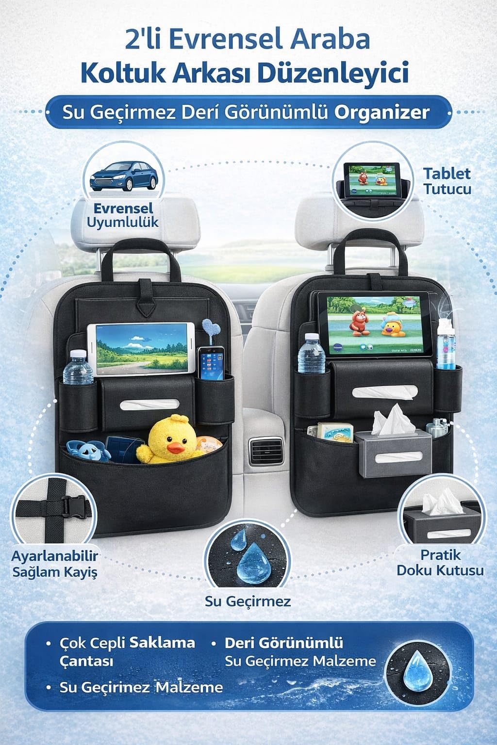 VIVALUXE 2'li Araba Koltuk Arkası Düzenleyici – Su Geçirmez Deri Görünümlü Organizer, Çok Cepli Saklama Çantası, Tablet, Şişe, Doku Kutusu ve Oyuncak Tutucu, Evrensel Araç İçin
