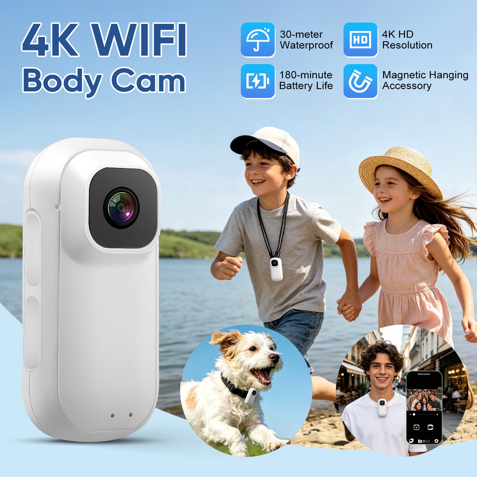 Mini Cámara Deportiva 4K, Camara Moto, Body CAM Impermeable, POV Camera con Tarjeta de 64GB para Esquí Natación Vida Diaria Ciclismo