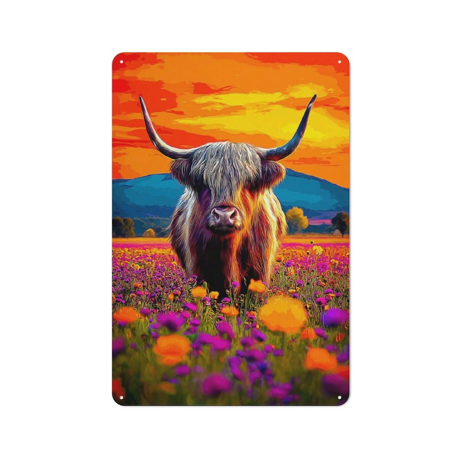 Junmoney Highland Cow In Vibrant Field -1 Clean Industrial Industrial Metal Sign 30X20cm, Studio Wall Art For Loft, Studio, Office Or Creative Room