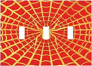 Decorative Switch Plate Covers Red Background with Golden Spiderweb Spider 3 Gang Light Switch Cover Plate Triple Toggle Wall Plate Light Switch Covers for Bedroom Home Decor