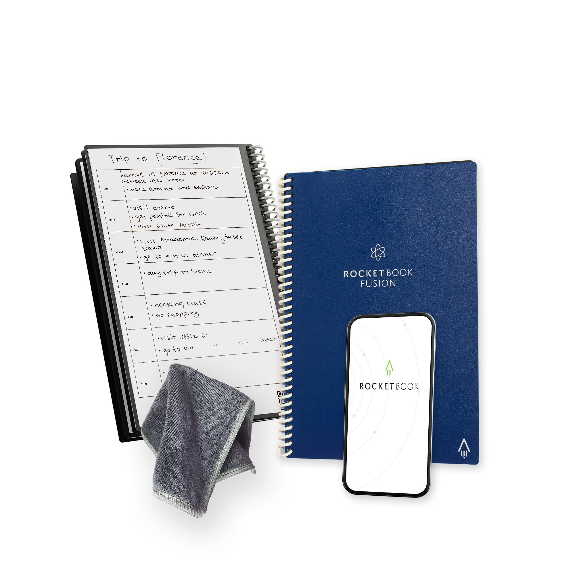 Rocketbook Fusion niedatowany planer produktywności wielokrotnego użytku, rozmiar Executive 15 cm x 22,4 cm, granatowy – cele, kalendarz miesięczny i tygodniowy, codzienna lista rzeczy do zrobienia