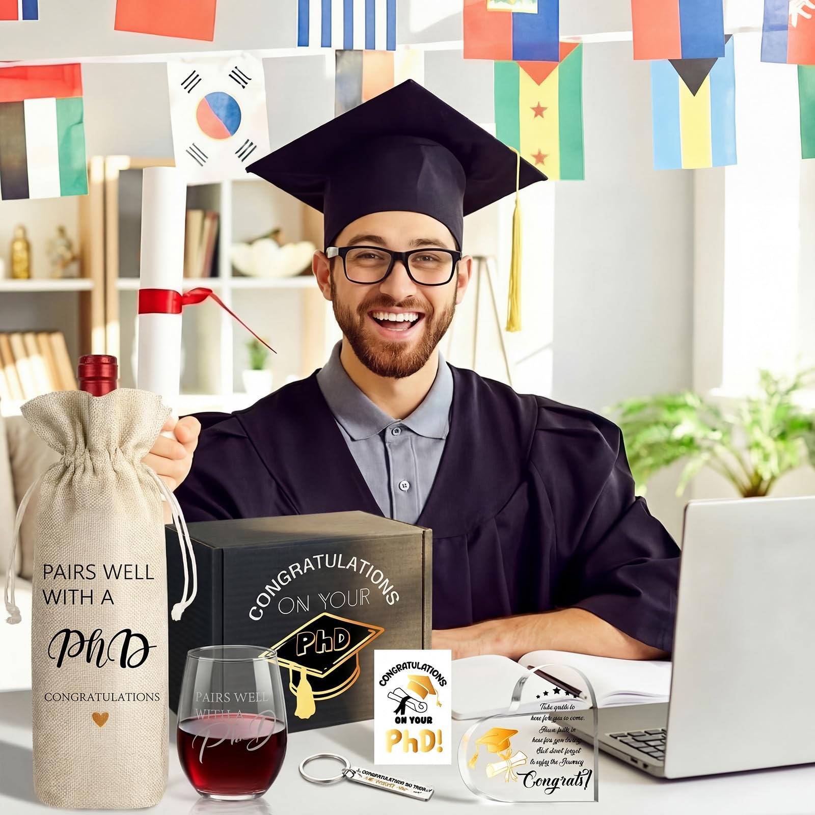 Chunful 7 Pcs PhD Graduation Gifts Doctorate Graduation Gift Set for Women, 17oz Wine Glass Wine Bag Keychain Acrylic Keepsake Socks Greeting Card & Box Funny Pairs Well with a PhD Gifts
