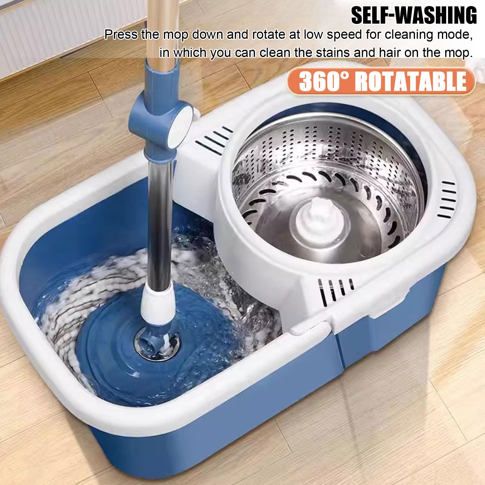 Este Juego de fregona giratoria y Cubo con escurridor Incluye 5 recambios de Microfibra y 2 Mangos Ajustables de Acero Inoxidable, Apto para la Limpieza de Suelos de Madera, laminados y Bald