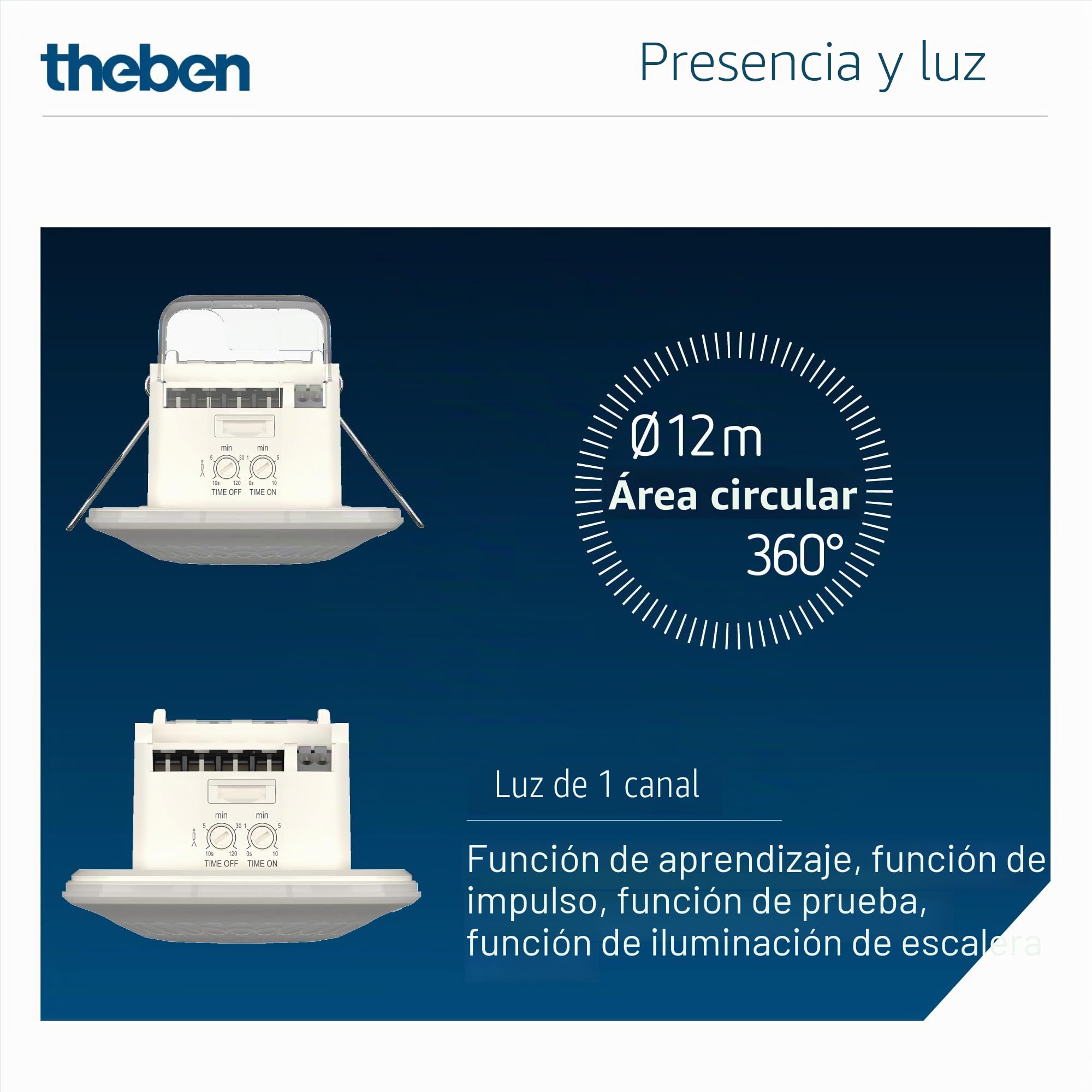 Theben 1030052 LUXA 103 S360-100-12 DE-UP WH Detector de Presencia 360° PIR | empotrado en techo, 12 m, 1 canal, 400 W LED, IP54, 15 s-30 min, medición de luz mixta, mando a distancia, Teach-in, blanco