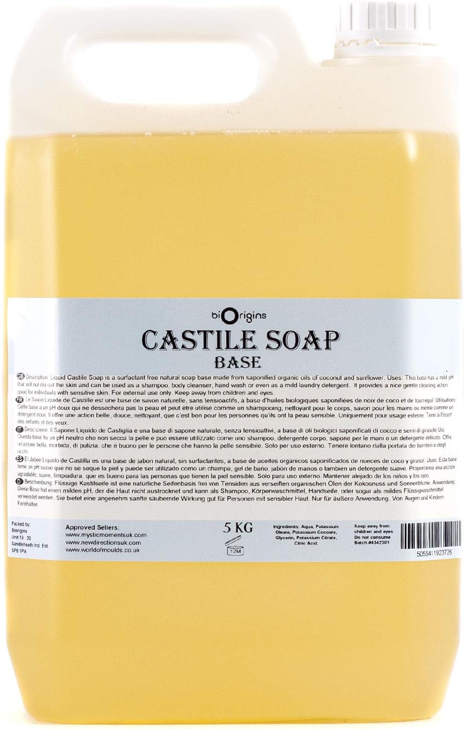 Mystic Moments | Castile Liquid Soap 5Kg | Natural Vegetable Soap Base from Coconut & Sunflower Oils | Gentle Cleanser for Body, Hair & Hands | Fragrance Free Customisable Formula