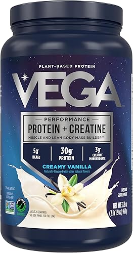 Vega Protein + Creatina - 30 gramos de proteína a base de plantas, sabor a vainilla, 20 porciones, 3 gramos de creatina, 5 gramos de BCAA, vegano,