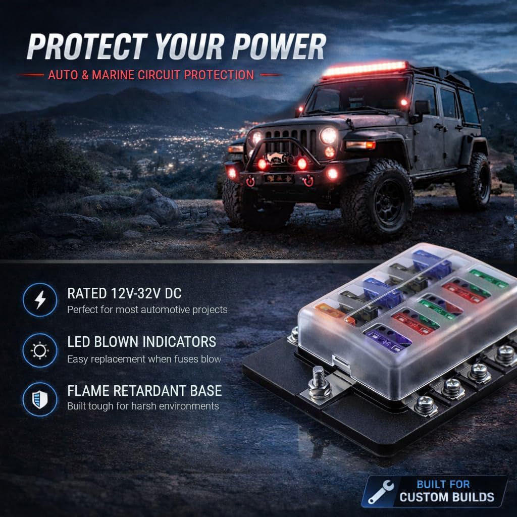 MGI SpeedWare 10-Way Automotive Fuse Box – ATC/ATO Blade Fuse Block with Screw Terminals & Power Stud Input, Includes Smart Glow LED Fuses for 12V/24V Car, Marine, RV (10-Fuse)